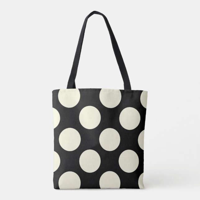 Large cream polka dots circles on black tote bag (Back)