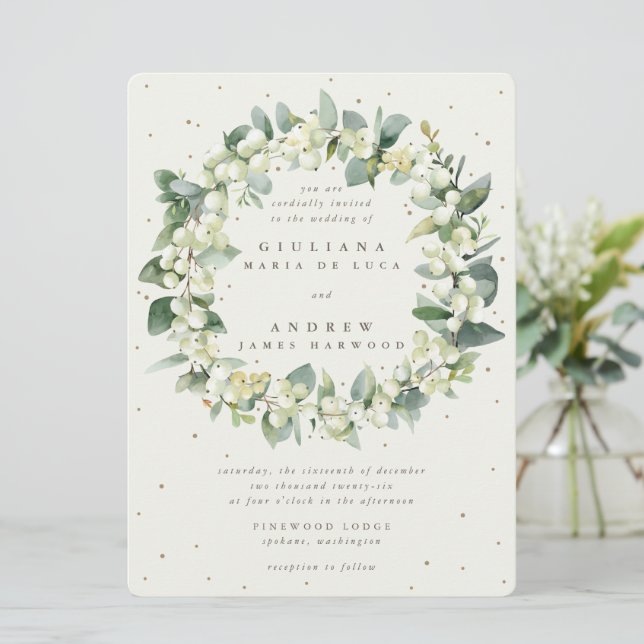 Large Cream Snowberry + Eucalyptus Wreath Wedding Invitation (Standing Front)