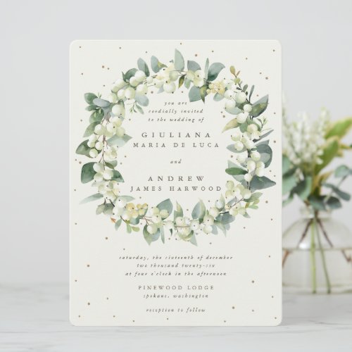 Large Cream Snowberry  Eucalyptus Wreath Wedding Invitation