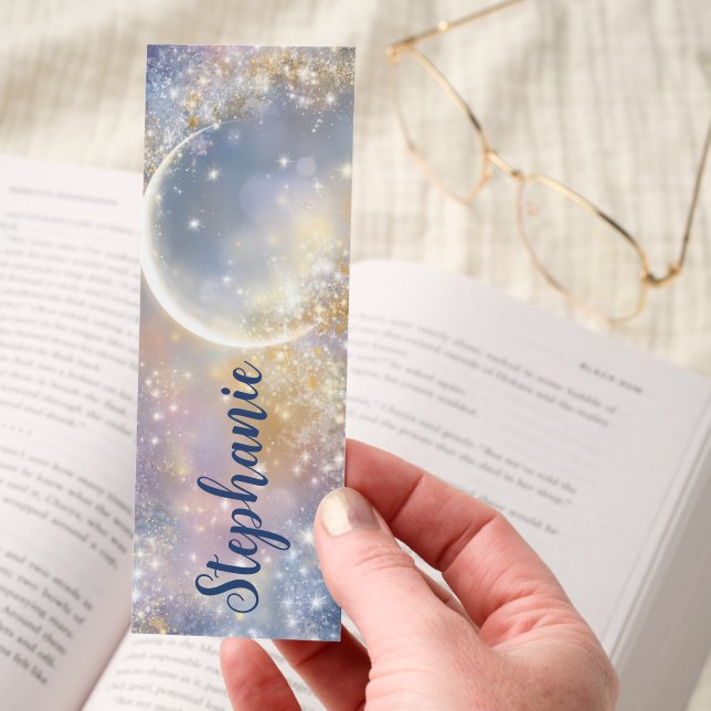Large Crescent Moon Sparkling Stars Custom Bookmarks (Hand)