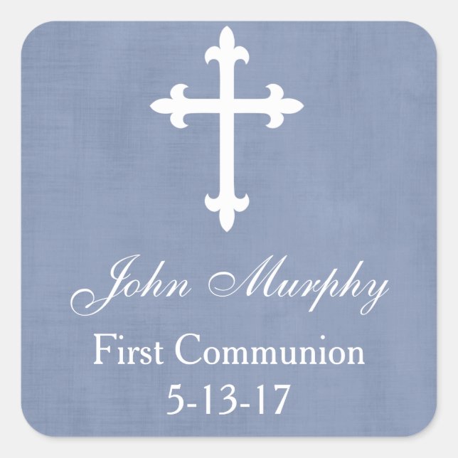 Large Cross Favor Tag, Blue Square Sticker (Front)