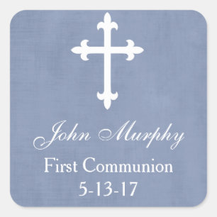 Large Cross Favor Tag, Blue Square Sticker