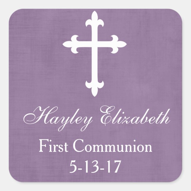 Large Cross Favor Tag, Purple Square Sticker (Front)