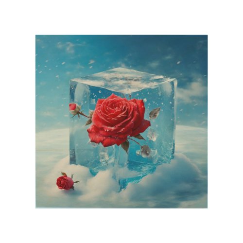 large cube of ice with two red roses inside wood wall art