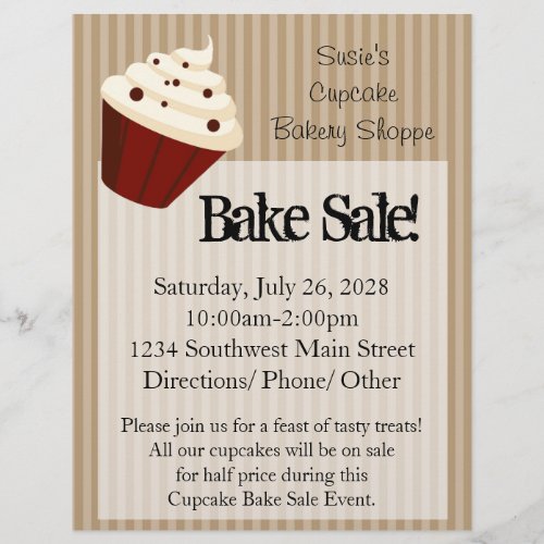 Large Cupcake Soft Mocha Stripes Bake Sale Flyers