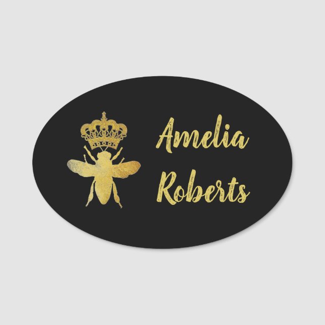 Large Custom QUEEN BEE Gold Black Badge Magnetic (Front)