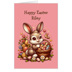 Large Cute Vintage Easter Bunny, Basket and Eggs Card