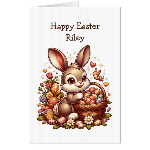 Large Cute Vintage Easter Bunny Basket and Eggs Card