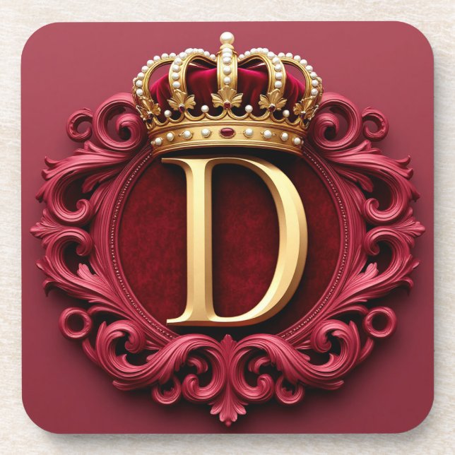 Large D Monogram on Red Velvet Beverage Coaster (Front)
