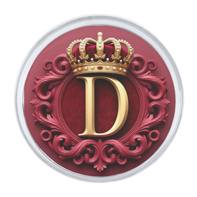 Large D Monogram on Red Velvet Silver Finish Lapel Pin (Front)