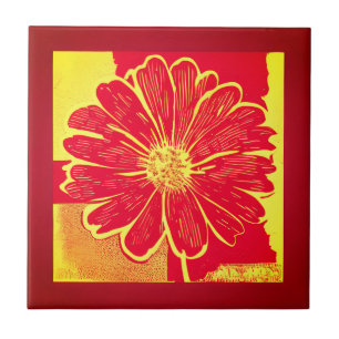 Large Daisy Aster in Red, Yellow and Saffron Ceramic Tile