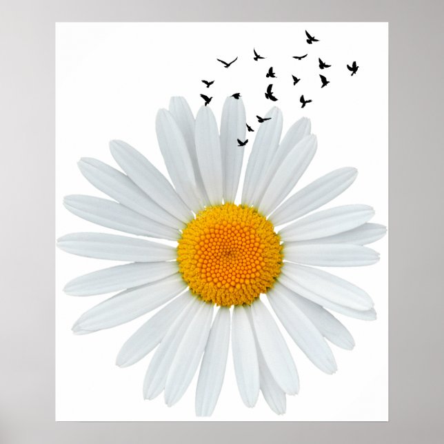 Large Daisy Flower with Flock of Flying Birds. Poster (Front)