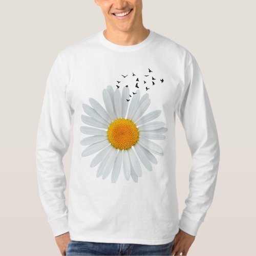 Large Daisy Flower with Flock of Flying Birds  T_Shirt