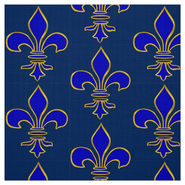 Large Dark Blue and Gold Fleur de lis Pattern Fabric (Swatch)