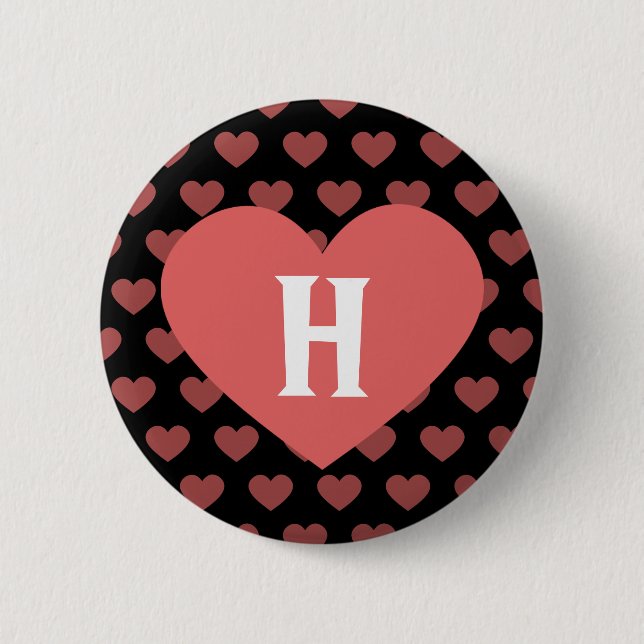 Large Dark Pink Heart Monogram & Black Background Button (Front)