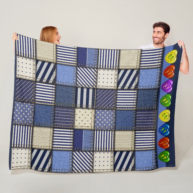 Large Denim Patchwork Image Fleece Blanket (In Situ)