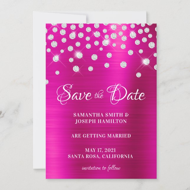 Large Diamond Confetti Hot Pink Ombre Foil Save The Date (Front)
