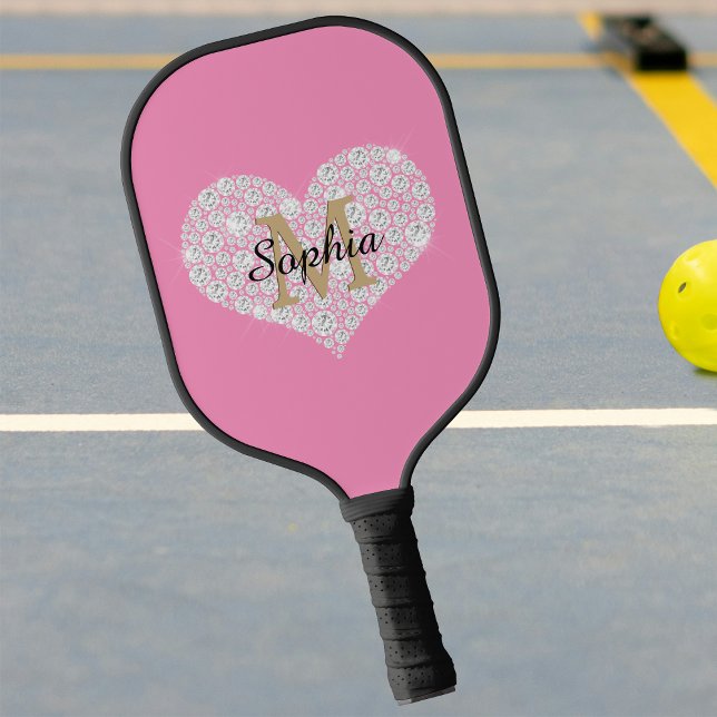 Large Diamond Heart, Gold Monogram, Name, Pink Pickleball Paddle (Creator Uploaded)