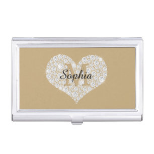 Large Diamond Heart, Gold Monogram, Script Name Business Card Case