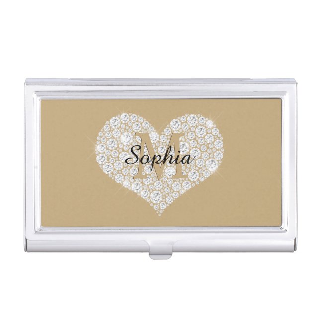 Large Diamond Heart, Gold Monogram, Script Name Business Card Case (Front)