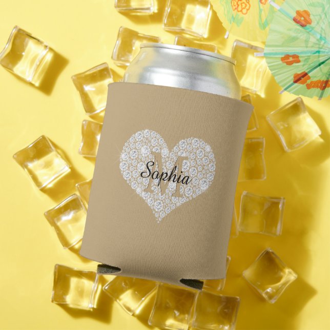 Large Diamond Heart, Gold Monogram, Script Name Can Cooler (In Situ Summer)