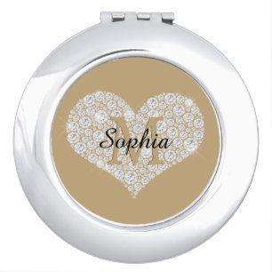 Large Diamond Heart, Gold Monogram, Script Name Compact Mirror