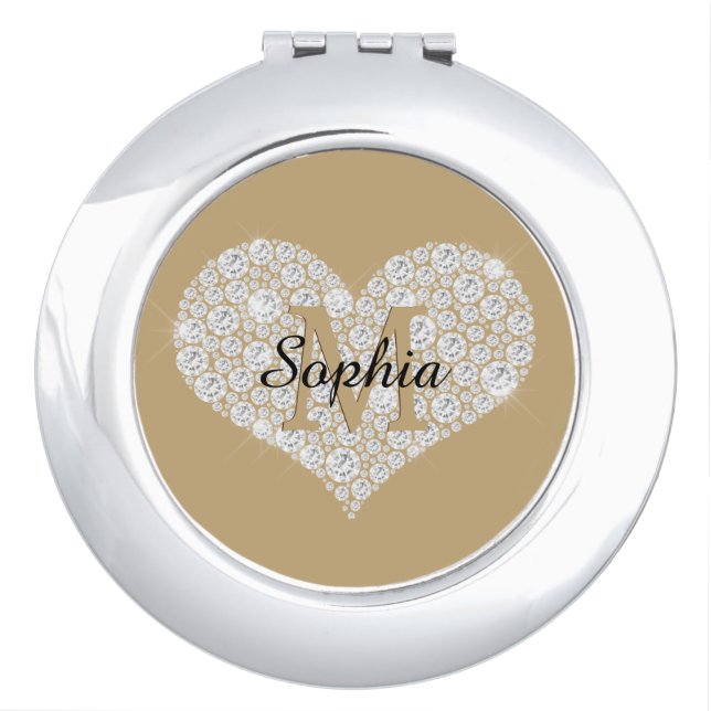 Large Diamond Heart, Gold Monogram, Script Name Compact Mirror (Front)