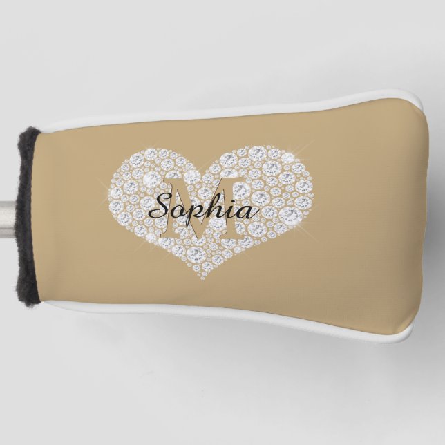 Large Diamond Heart, Gold Monogram, Script Name Golf Head Cover (Front)