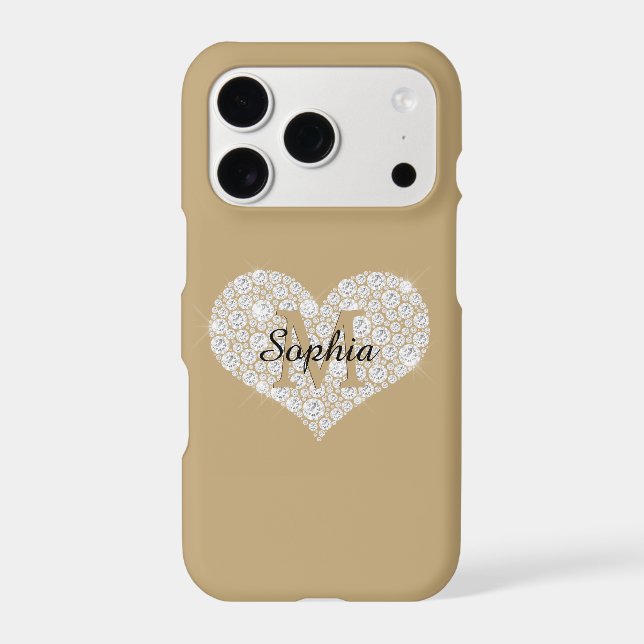 Large Diamond Heart, Gold Monogram, Script Name Iphone Case (Back)