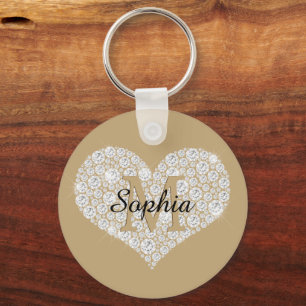 Large Diamond Heart, Gold Monogram, Script Name Keychain