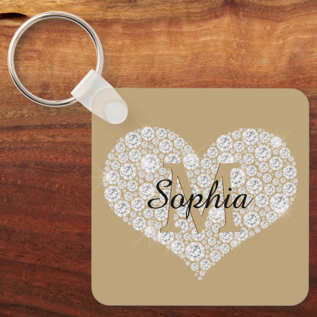 Large Diamond Heart, Gold Monogram, Script Name Keychain (Front)