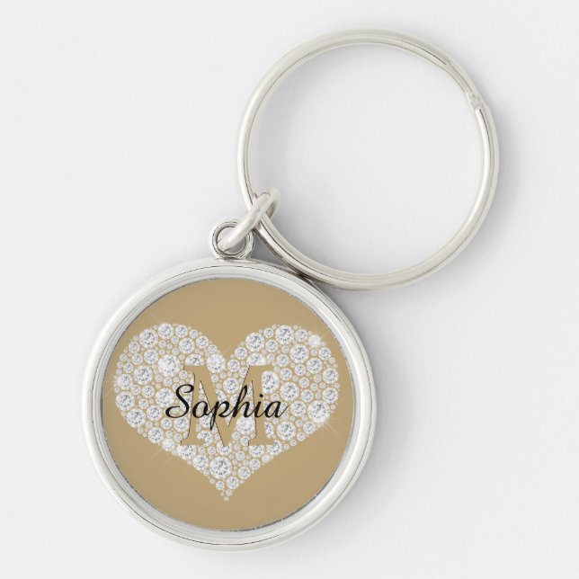 Large Diamond Heart, Gold Monogram, Script Name Keychain (Front)