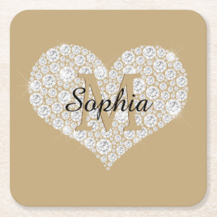 Large Diamond Heart, Gold Monogram, Script Name Square Paper Coaster