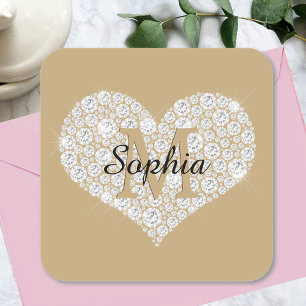Large Diamond Heart, Gold Monogram, Script Name Square Sticker