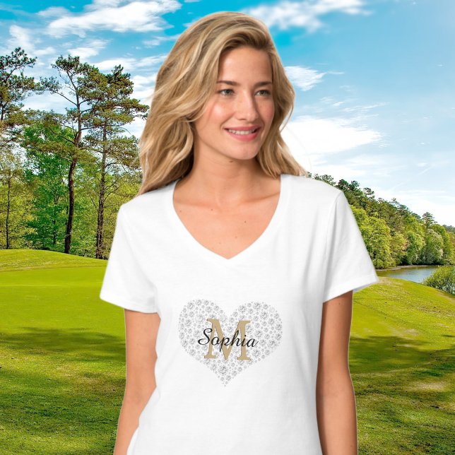 Large Diamond Heart, Gold Monogram, Script Name T-Shirt (Creator Uploaded)