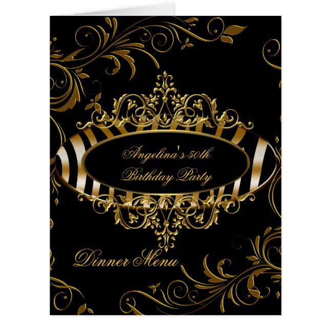 Large Dinner Menu Table Gold Zebra Black Cards (Front)