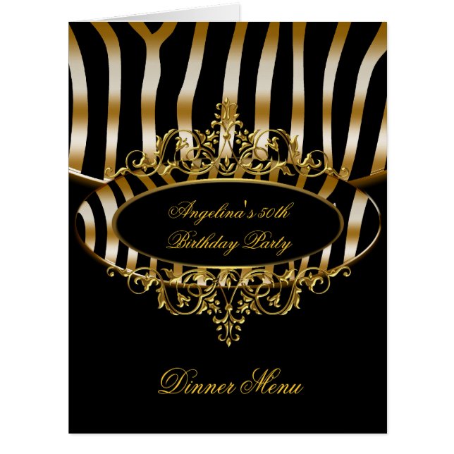 Large Dinner Menu Table Gold Zebra Black Cards (Front)