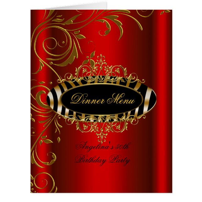 Large Dinner Menu Table Red Gold Zebra Black Cards (Front)