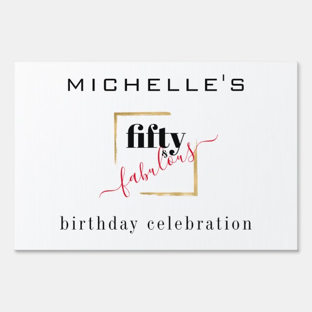 Large Elegant 50 & Fabulous 50th Birthday Gold Red Sign (Front)