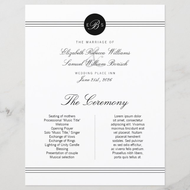 Large Elegant Black White Monogram Wedding Program (Front)