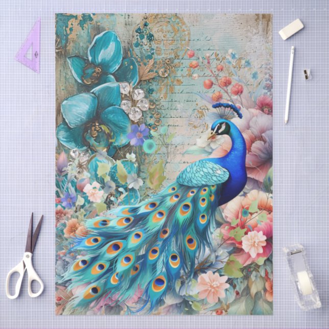 Large Elegant Peacock & Florals Decoupage Tissue Paper (Craft)
