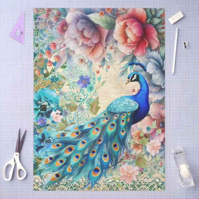 Large Elegant Peacock, Florals & Lace Decoupage Tissue Paper (Craft)