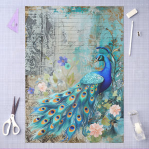 Large Elegant Peacock, Florals & Script Decoupage Tissue Paper