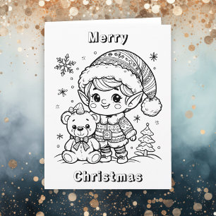 Large Elf and Teddy Bear Christmas Color Me Card