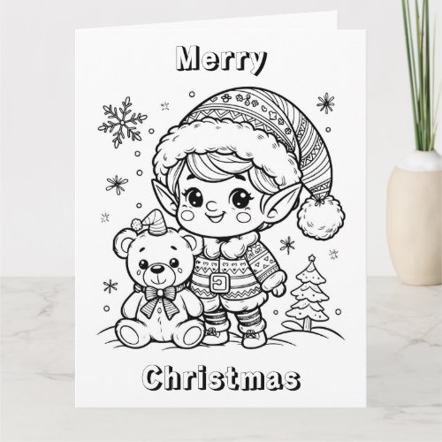 Large Elf and Teddy Bear Christmas Color Me Card