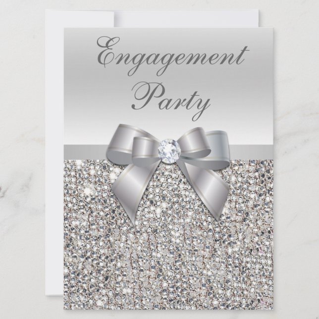 Large Engagement Party Faux Silver Sequins Bow Invitation (Front)