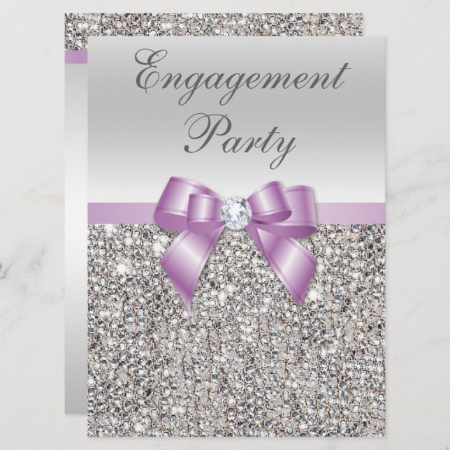Large Engagement Party Silver Sequins Lilac Bow Invitation (Front/Back)