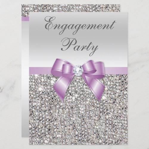 Large Engagement Party Silver Sequins Lilac Bow Invitation