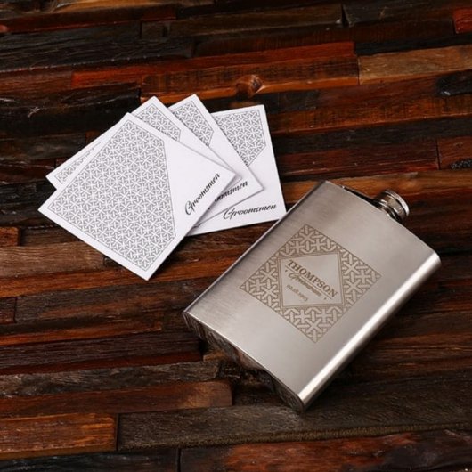 Large Etched 18 oz. Stainless Steel Whiskey Flask (Front)