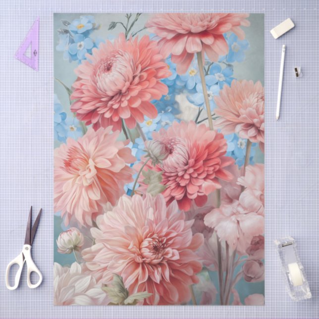Large Ethereal Pink & Blue Flowers Decoupage Tissue Paper (Craft)